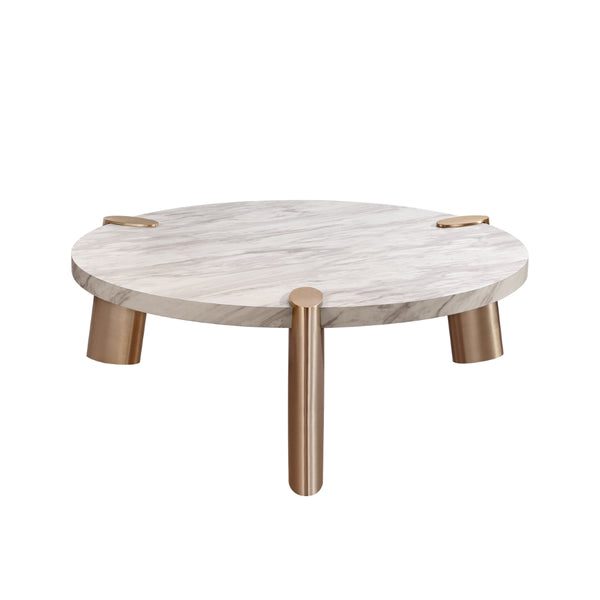 Mimeo Large Round Coffee Table, White Marble Paper Top, Legs Brushed Stainless Steel.