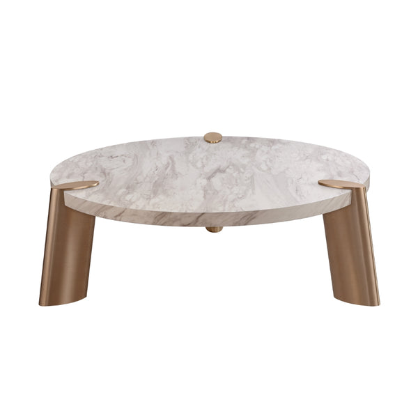 Mimeo Large Round Coffee Table, White Marble Paper Top, Legs Brushed Stainless Steel.