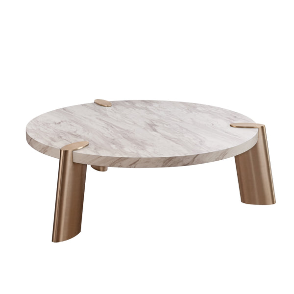 Mimeo Large Round Coffee Table, White Marble Paper Top, Legs Brushed Stainless Steel.