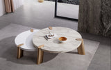 Mimeo Large Round Coffee Table, White Marble Paper Top, Legs Brushed Stainless Steel.