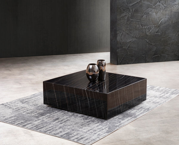 Cube Square Coffee Table Black Marble High Gloss, With Casters