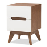 Calypso Mid-Century Modern White and Walnut Wood 3-Drawer Storage Nightstand