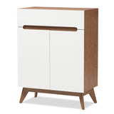 Calypso Mid-Century Modern White and Walnut Wood Storage Shoe Cabinet