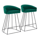 Canary Upholstered Fixed-Height Counter Stool in Black Steel and Green Velvet by LumiSource - Set of 2