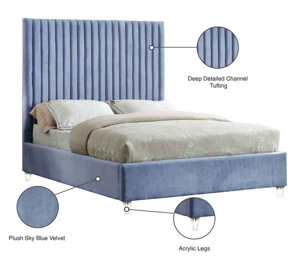 Candace Acrylic / Engineered Wood / Velvet Contemporary Sky Blue Velvet Queen Bed - 65" W x 86" D x 65" H