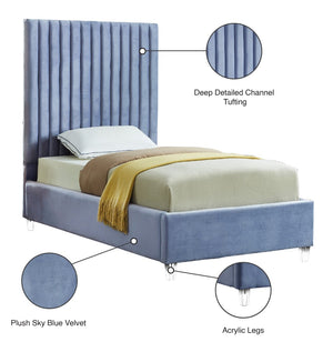 Candace Acrylic / Engineered Wood / Velvet Contemporary Sky Blue Velvet Twin Bed - 44" W x 81" D x 65" H