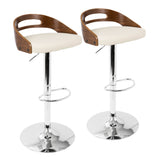 Cassis Mid-Century Modern Adjustable Barstool with Swivel in Chrome, Walnut Wood and Cream Faux Leather by LumiSource - Set of 2