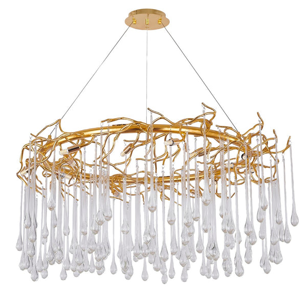 Bethel Gold Chandelier: Elegant Aluminum Frame with Clear Glass Drops, Adjustable Hanging Length