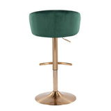Claire Contemporary/Glam Adjustable Bar Stool in Gold Steel with Rounded T Footrest and Green Velvet by LumiSource - Set of 2