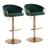 Claire Contemporary/Glam Adjustable Bar Stool in Gold Steel with Rounded T Footrest and Green Velvet by LumiSource - Set of 2