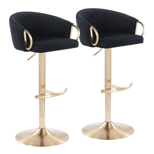 Claire Contemporary/Glam Adjustable  Bar Stool in Gold Metal and Black Velvet by LumiSource - Set of 2