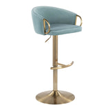 Claire Contemporary/Glam Adjustable  Bar Stool in Gold Metal and Light Blue Velvet by LumiSource - Set of 2