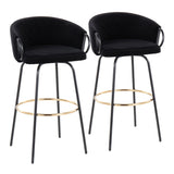 Claire Contemporary/Glam Barstool in Black Metal and Black Velvet with Gold Metal Footrest by LumiSource - Set of 2