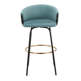 Claire Contemporary/Glam Barstool in Black Metal and Light Blue Velvet with Gold Metal Footrest by LumiSource - Set of 2