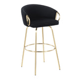 Claire Contemporary/Glam 30" Fixed-Height Bar Stool with Gold Metal Legs and Round Gold Metal Footrest with Black Velvet Seat and Gold Accents by LumiSource - Set of 2