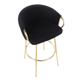 Claire Contemporary/Glam 30" Fixed-Height Bar Stool with Gold Metal Legs and Round Gold Metal Footrest with Black Velvet Seat and Gold Accents by LumiSource - Set of 2