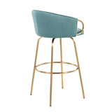 Claire Contemporary/Glam 30" Fixed-Height Bar Stool with Gold Metal Legs and Round Gold Metal Footrest with Light Blue Velvet Seat and Gold Accents by LumiSource - Set of 2
