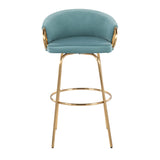 Claire Contemporary/Glam 30" Fixed-Height Bar Stool with Gold Metal Legs and Round Gold Metal Footrest with Light Blue Velvet Seat and Gold Accents by LumiSource - Set of 2