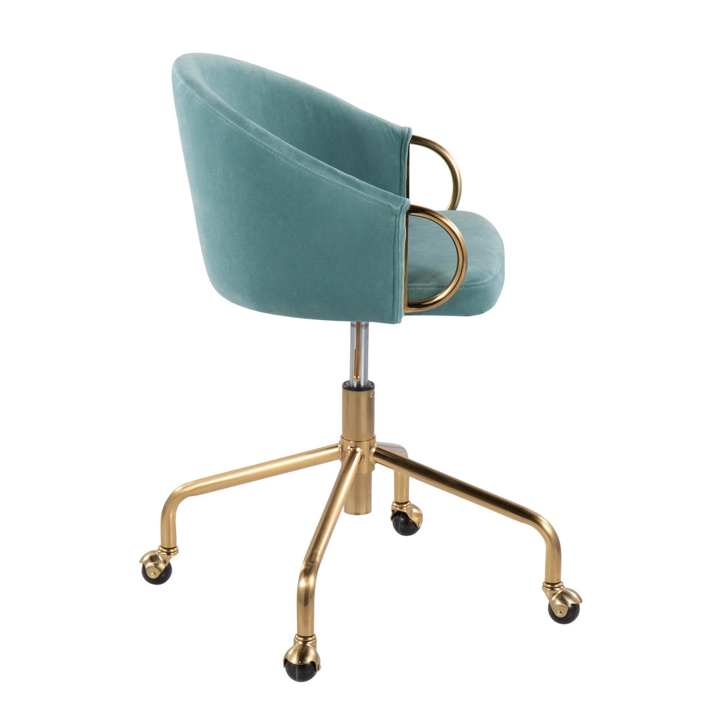 Claire Contemporary/Glam Task Chair in Gold Metal and Light Blue Velvet by LumiSource