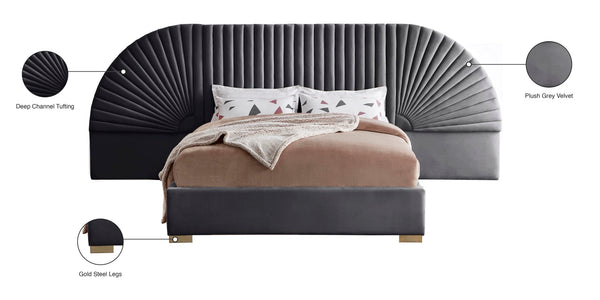 Cleo Velvet / Engineered Wood / Steel Contemporary Grey Velvet Queen Bed (3 Boxes) - 146" W x 86.5" D x 55.5" H