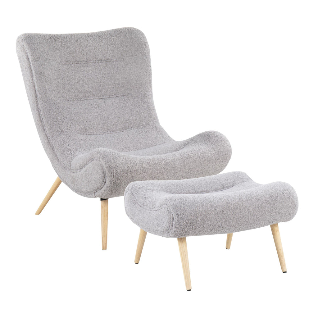 Cloud Contemporary Chair in Natural Wood and Grey Sherpa Fabric with Ottoman by LumiSource