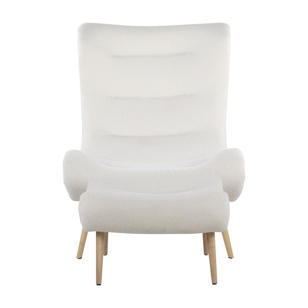 Cloud Contemporary Chair in Natural Wood and White Sherpa Fabric with Ottoman by LumiSource