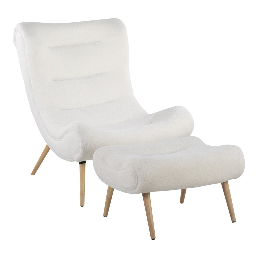 Cloud Contemporary Chair in Natural Wood and White Sherpa Fabric with Ottoman by LumiSource