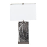 Cory Contemporary Table Lamp in Black Marble and Stainless Steel with White Linen Shade by LumiSource