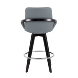 Cosmo Contemporary Fixed-Height Counter Stool with Swivel in Black Wood with Round Chrome Metal Footrest and Grey Faux Leather Seat by LumiSource - Set of 2