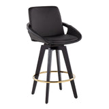 Cosmo Contemporary Fixed-Height Counter Stool with Swivel in Black Wood with Round Gold Metal Footrest and Black Faux Leather Seat by LumiSource - Set of 2