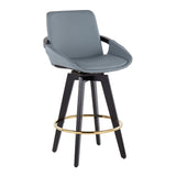 Cosmo Contemporary Fixed-Height Counter Stool with Swivel in Black Wood with Round Gold Metal Footrest and Grey Faux Leather Seat by LumiSource - Set of 2