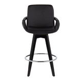 Cosmo Contemporary Fixed-Height Counter Stool with Swivel in Black Wood with Round Chrome Metal Footrest and Black Faux Leather Seat by LumiSource - Set of 2