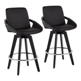 Cosmo Contemporary Fixed-Height Counter Stool with Swivel in Black Wood with Round Chrome Metal Footrest and Black Faux Leather Seat by LumiSource - Set of 2