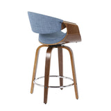 Curvini Mid-Century Modern Counter Stool in Walnut Wood and Blue Fabric by LumiSource - Set of 2
