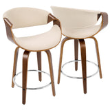 Curvini Mid-Century Modern Counter Stool in Walnut Wood and Cream Fabric by LumiSource - Set of 2