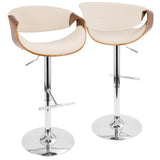 Curvo Mid-Century Modern Adjustable Barstool with Swivel in Chrome, Walnut and Cream Fabric by LumiSource - Set of 2