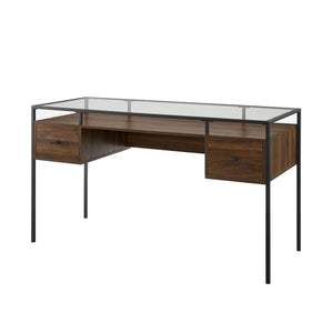 56" 2 Drawer Glass Top Desk Dark Walnut
