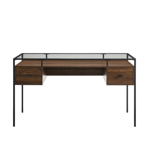 56" 2 Drawer Glass Top Desk Dark Walnut