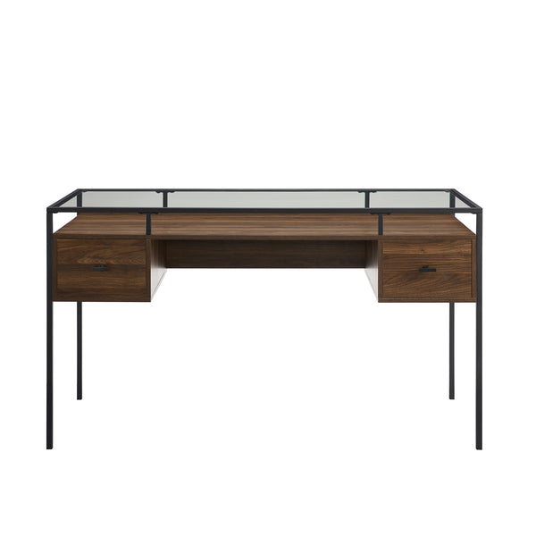 56" 2 Drawer Glass Top Desk Dark Walnut