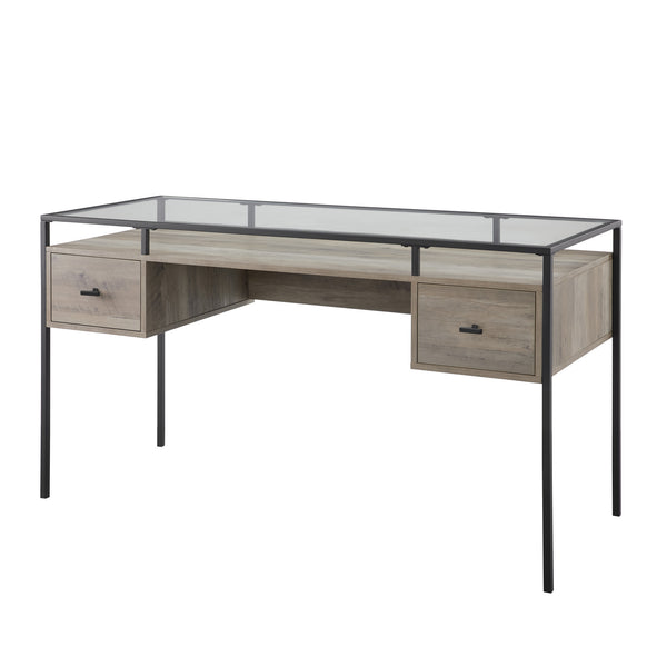 56" 2 Drawer Glass Top Desk Gray Wash