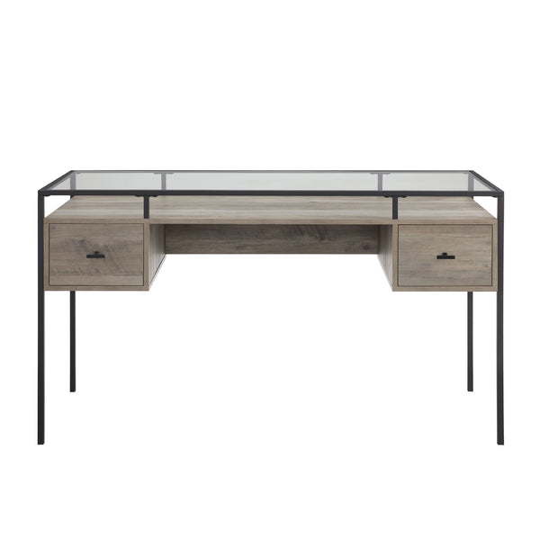 56" 2 Drawer Glass Top Desk Gray Wash