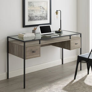 56" 2 Drawer Glass Top Desk Gray Wash