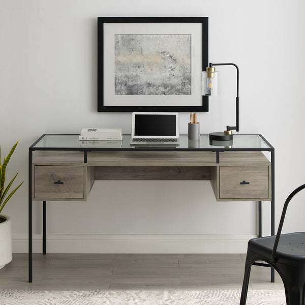 56" 2 Drawer Glass Top Desk Gray Wash