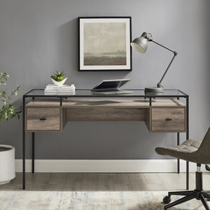 D56FUL2DGTGW - 56" 2 Drawer Glass Top Desk Dark Walnut
