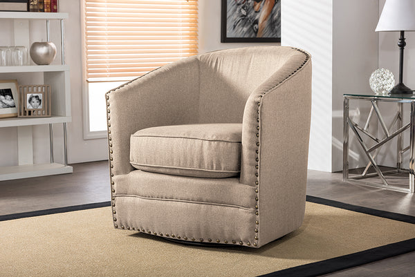 Baxton Studio Porter Modern and Contemporary Classic Retro Beige Fabric Upholstered Swivel Tub Chair