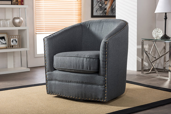 Baxton Studio Porter Modern and Contemporary Classic Retro Grey Fabric Upholstered Swivel Tub Chair