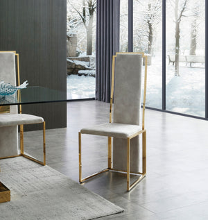 Sumo Dining Chair, Natural Adore Beige Fabric, Polished Gold Stainless Steel Frame.