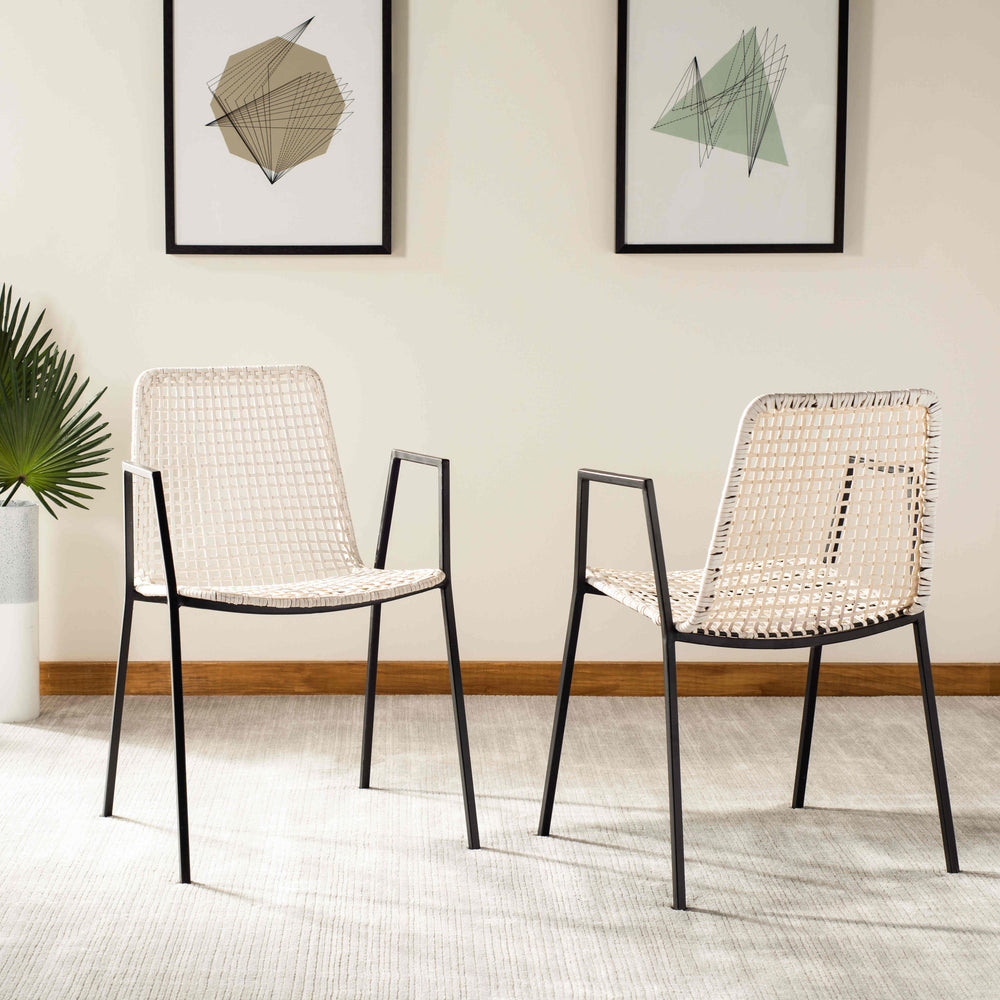 Wynona Leather Woven Dining Chairs Set of 2 - Contemporary Danish Design with Black Iron Frame