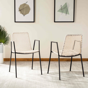 Wynona Leather Woven Dining Chairs Set of 2 - Contemporary Danish Design with Black Iron Frame