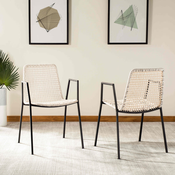 Wynona Leather Woven Dining Chairs Set of 2 - Contemporary Danish Design with Black Iron Frame